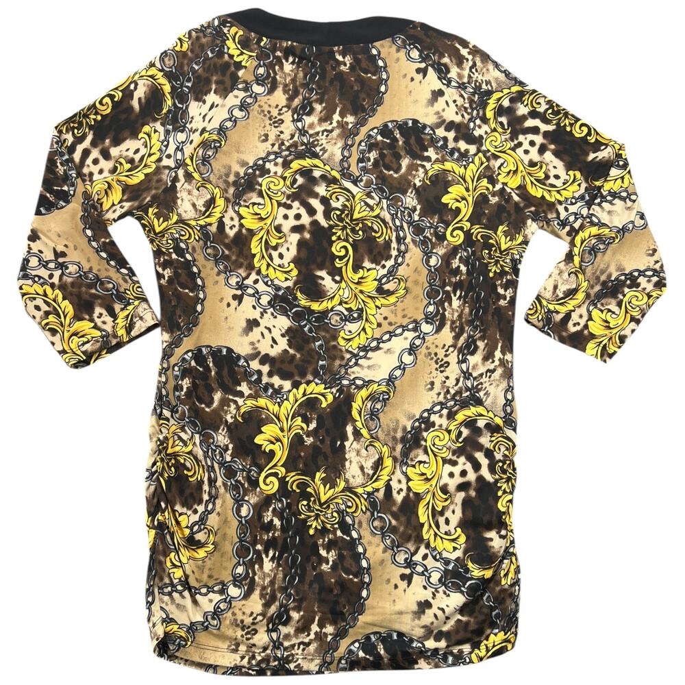 Vintage Suzie Baroque Chain Print Cowl Neck Top Y2K Brown Gold Stretch Blouse L - Picture 2 of 9